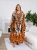 Plus Size Ethnic Tiger Striped Printed Women's Casual Long Dress V-neck Batwing Sleeve Loose Kaftan Cozy Classy House Robe