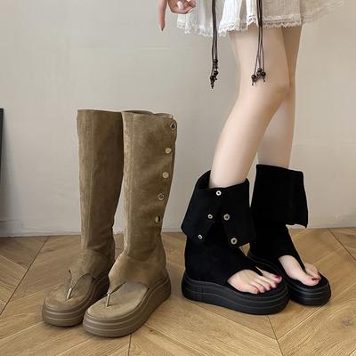 Женские сандалии ботильоны на платформе в ретро-стиле с толстой подошвой, весенне-осенняя модная обувь, женские босоножки с перемычкой для пальца, ботильоны до колена