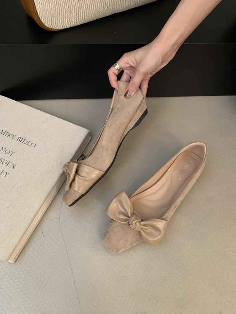 Французский вечерний ветер бант замша квадратный носок легкий рот туфли на одной педали для работы не уставшие ноги маленькие одинарные туфли женские