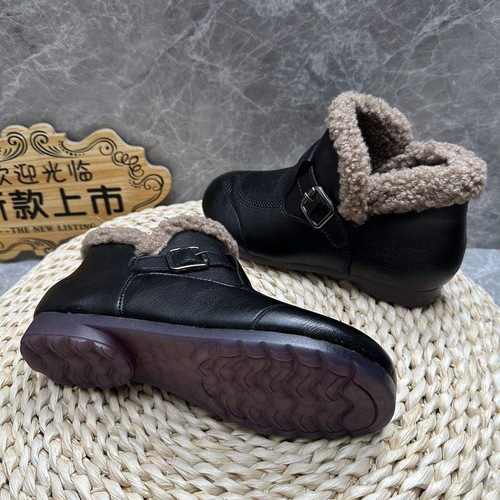 Говяжья подошва из сухожилий, короткие ботинки из овечьей шерсти, женские зимние, для среднего и пожилого возраста, нескользящие, бархатные, теплые, на мягкой подошве, кожаные туфли, плоские хлопковые туфли