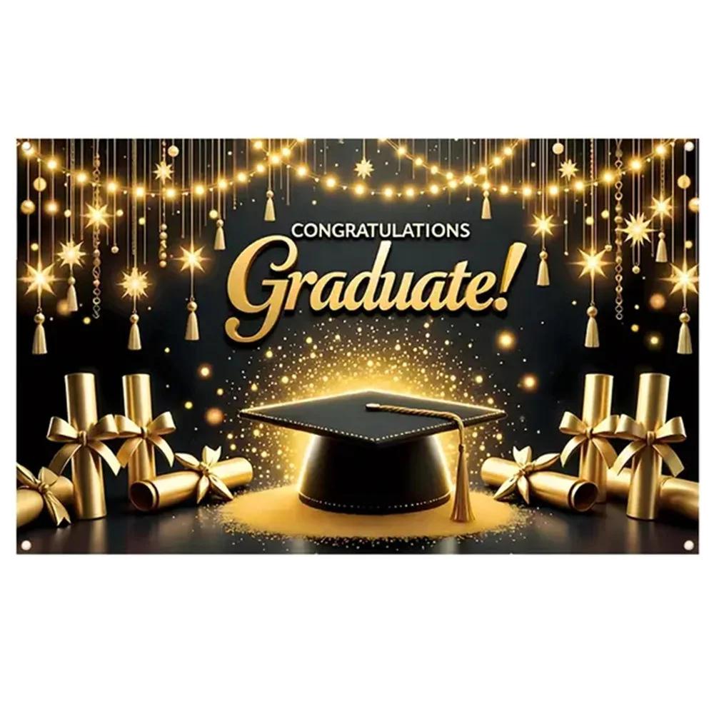2025 Happy Graduation Backdrop Glitter Balloon Bachelor Cap Grad Class of Graduates Party Photography Background Decor Supplies