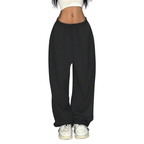 Women Long Pants Hip Hop Style Elastic High Waist Wide Leg Pants Solid Color Loose Fit Casual Trousers Daily Wear