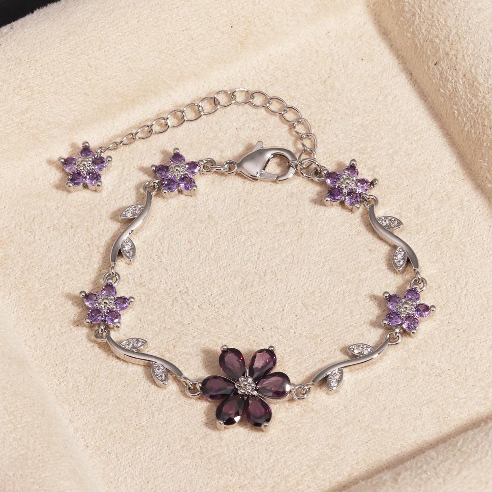 18K Real Gold Plated Brass Multi-Color Leaf CZ Trendy Tennis Bracelet Set Wavy Chain Bracelets with Assorted Gemstones