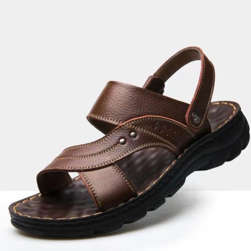 Мода 2025 Мужские Летние Новые Кожаные Сандалии Мужские Повседневные Пляжные Нескользящие Удобные Шлепанцы Две Сандалии Кожаные Мужские Сандалии Обувь