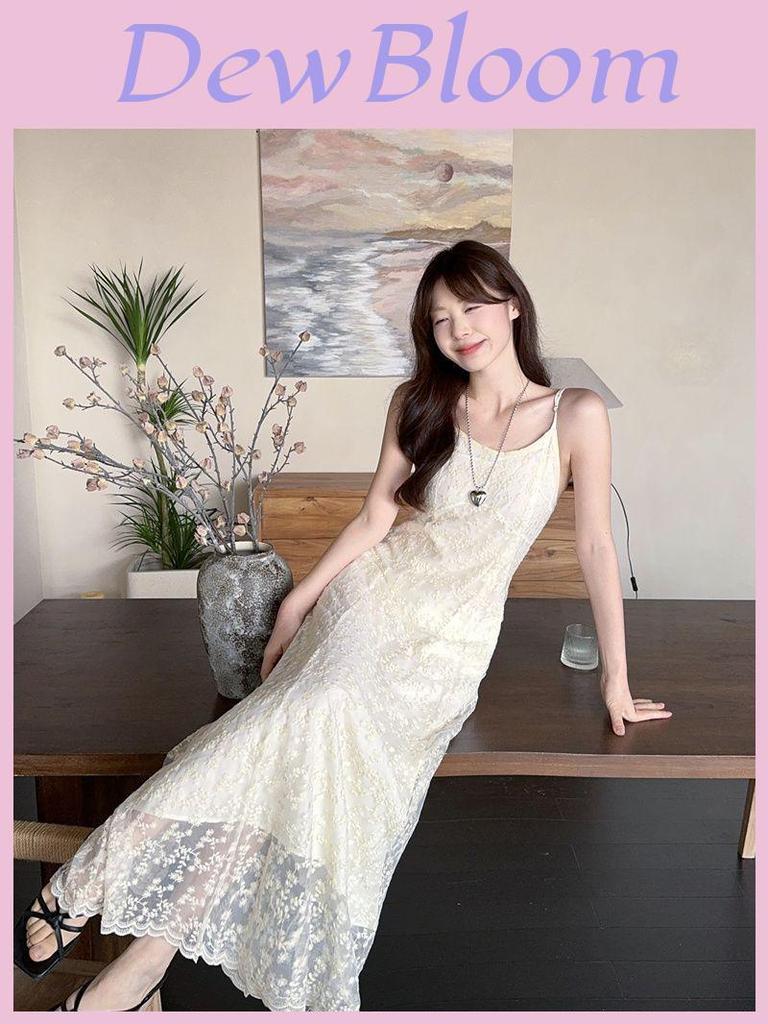 Elegant Summer Polyester Lace Slip Dress With Square Neck For Womens Vacation Wear