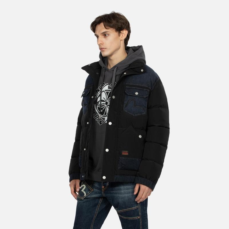 Fukushin Evisu AW23 Trademark Embroidered Denim Patchwork Regular Fit Stand Collar Down Jacket Men jackets Black 2EAHTM3NJ1036XXPL