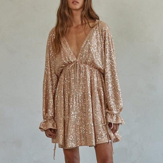 Платье для вечеринки Lady Club с глубоким V-образным вырезом, с мерцающими пайетками, свободного кроя, однотонное