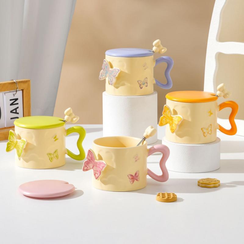 Creative Embossed Butterfly Personalized Ceramic Mug As A Souvenir Coffee Cup with Lid and Spoon  High Looking Small Fresh Water Cup