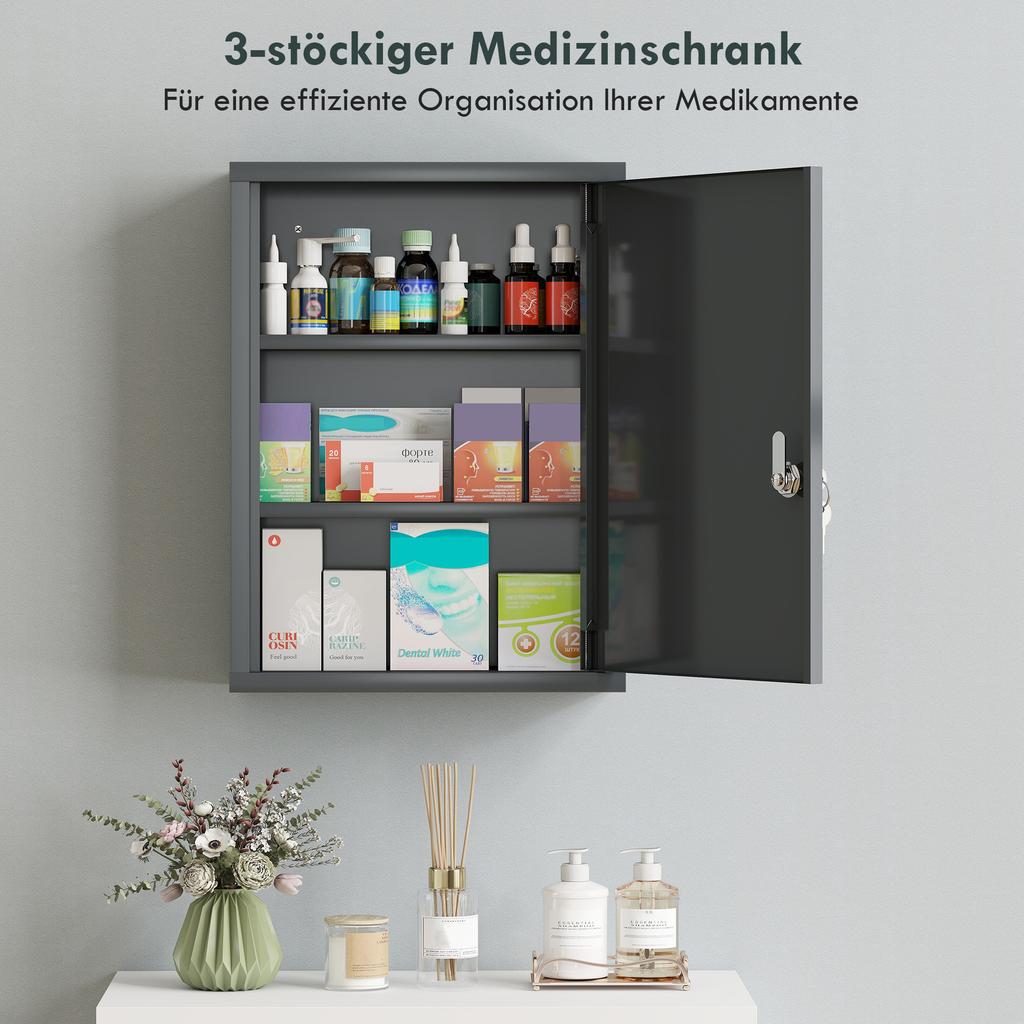 Wall-Mounted Medicine Cabinet with Lock, 3-Tier Steel Wall Cabinet, 40 x 15 x 53.5 cm, Charcoal Gray