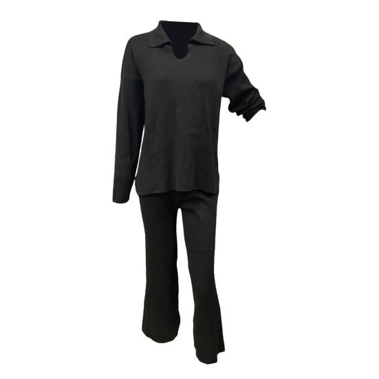 2 шт./комплект женский трикотажный наряд V-образный вырез длинный рукав топ высокая талия широкие брюки нитки домашняя повседневная одежда пижамный комплект осенне-зимний спортивный костюм комплект