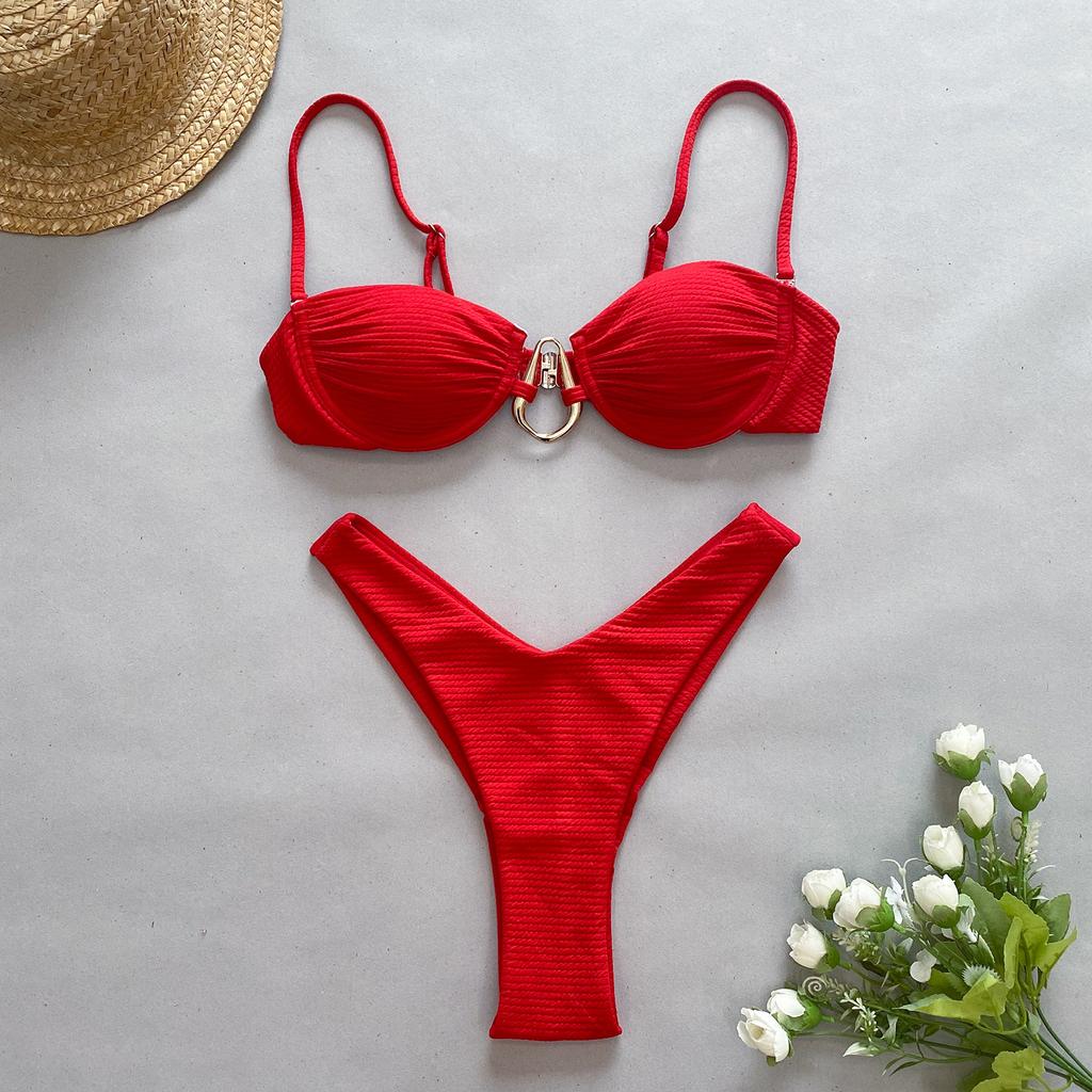 2025 New Sexy Hollow Out Swimsuit Female Solid Color Bikini Flat Chest Strap Swimsuits Fashion Beach Party Bikini Sets Holiday