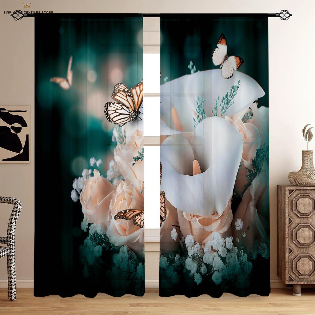 2 предмета занавесок с рисунком «мечтательный цветок-бабочка» для сада, пасторального стиля, спальни, гостиной, кухни, декоративные занавески