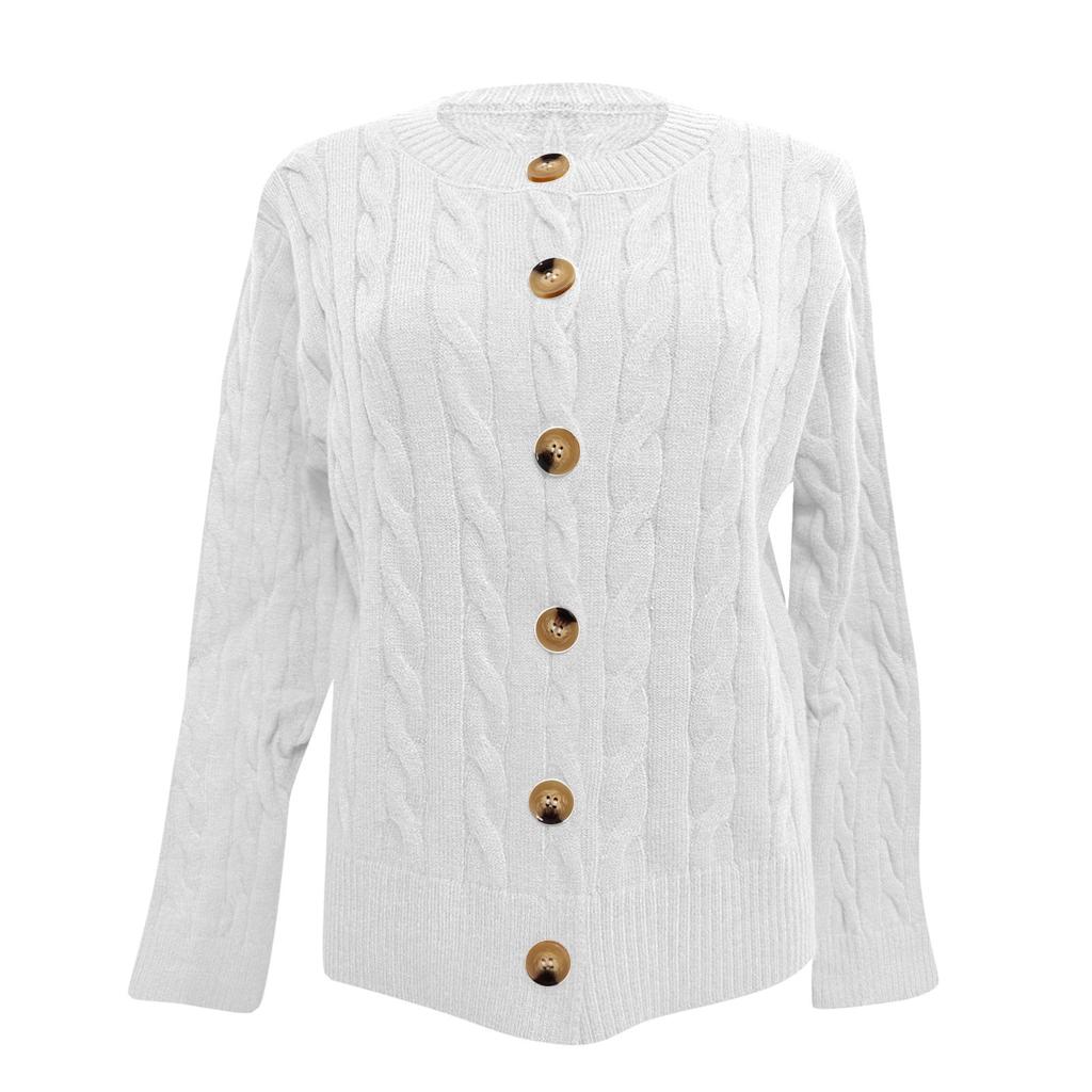 Женская мода однотонный длинный рукав круглый вырез вязаный кардиган пуговиц свитер куртка