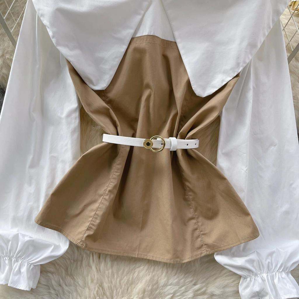 Korean Series Short Shirts for Women, Puff Sleeve Top, Large Lapel, Contrast Color, Patchwork, Early Spring Wear, New Fashion