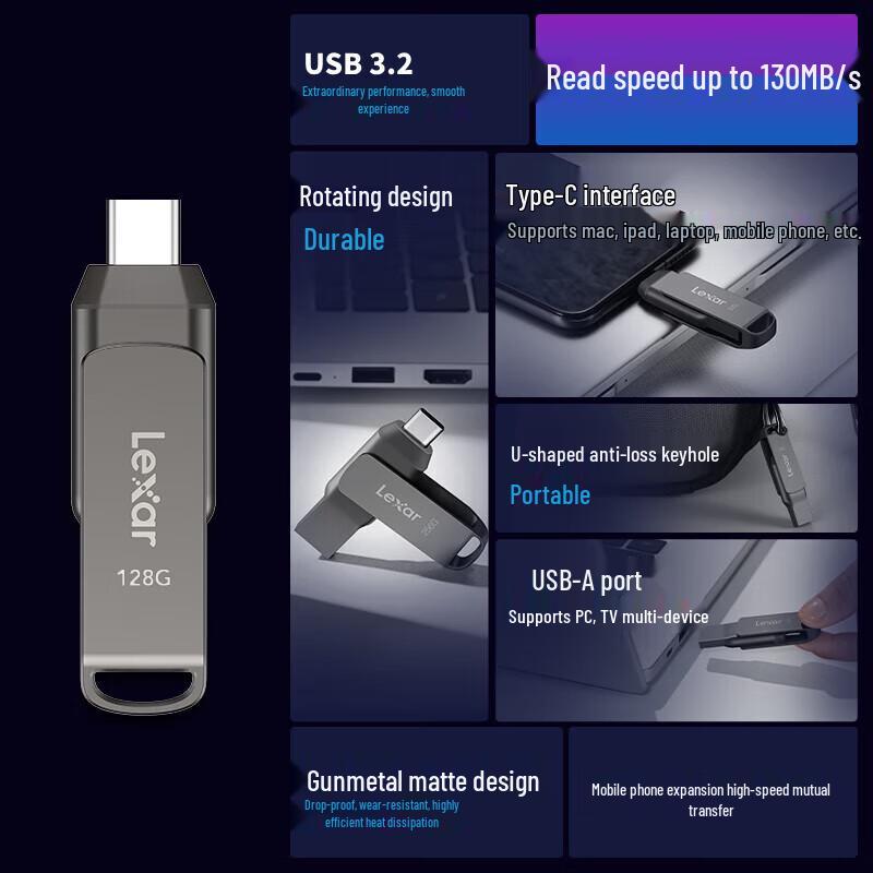 Lexar D400 USB 3.2 Type-C ДвухИнтерфейсный Металлический Мобильный Флеш-Накопитель