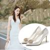 French Wedding Shoes Snowflake Pearl Buckle White High Heels Satin Bridesmaid Dress Shoes Plus Size Bridal Shoes Heels Women