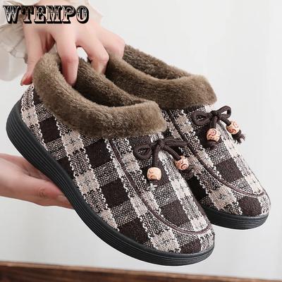 Женские теплые, устойчивые к холоду плюшевые туфли с клетчатым узором, устойчивые к холоду осенне-зимние туфли большого размера для повседневной носки в однотонном цвете