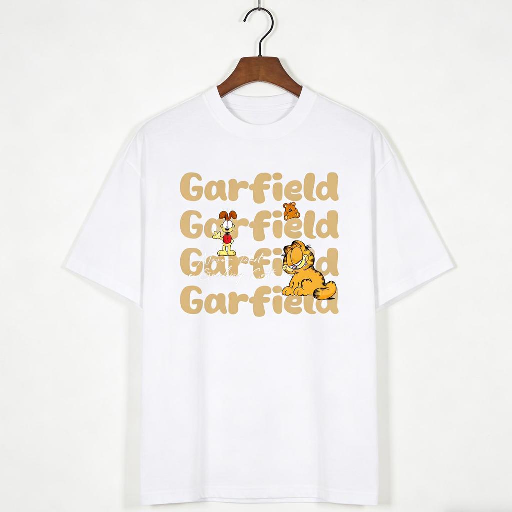 Garfield И футболка с повторяющимися буквами и Оди! Американский ретро, веселый принт, свободная короткая футболка, унисекс, оверсайз, парная футболка