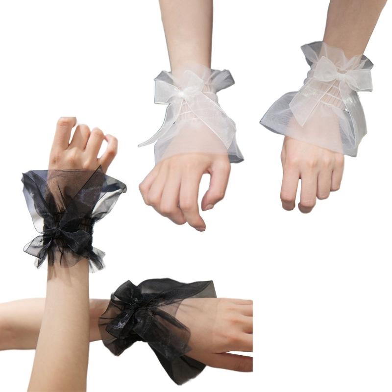 Women Wrist Cuffs Removable Bowknot Ruffled Wedding Supply Bride Dress False Sleeves Tulle Flared Sleeves