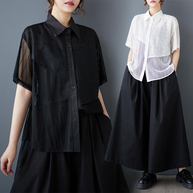 DIMANAF 2025 Весна Новая женская блузка Свободная однотонная базовая рубашка с коротким рукавом Винтажная рубашка Повседневные топы Футболки Большие размеры