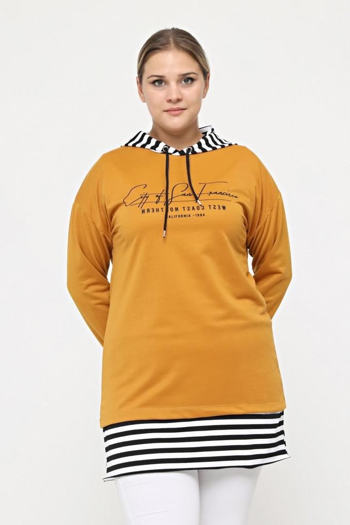 Women's Style Big Size Sweatshirt Large Size 100% Cotton Spring Spring Slit On The Side Comfort Model Stripe Detailed Hooded Sweatshirt