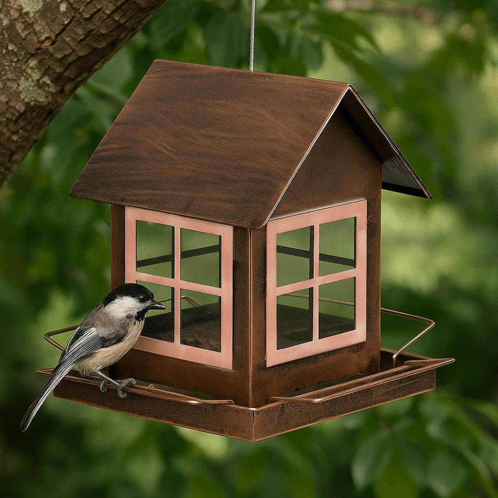 Pet Supplies Hanging Bird Feeder Large Capacity House Shape Bird Feeding Equipment Metal Windproof Parrot Feeding Station Garden