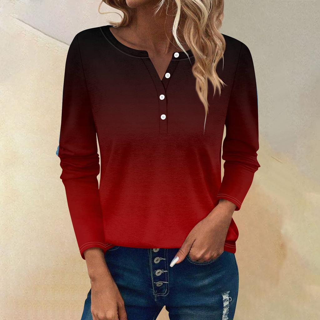 Женские футболки с длинным рукавом и пуговицами, повседневные туники с V-образным вырезом, женские повседневные топы