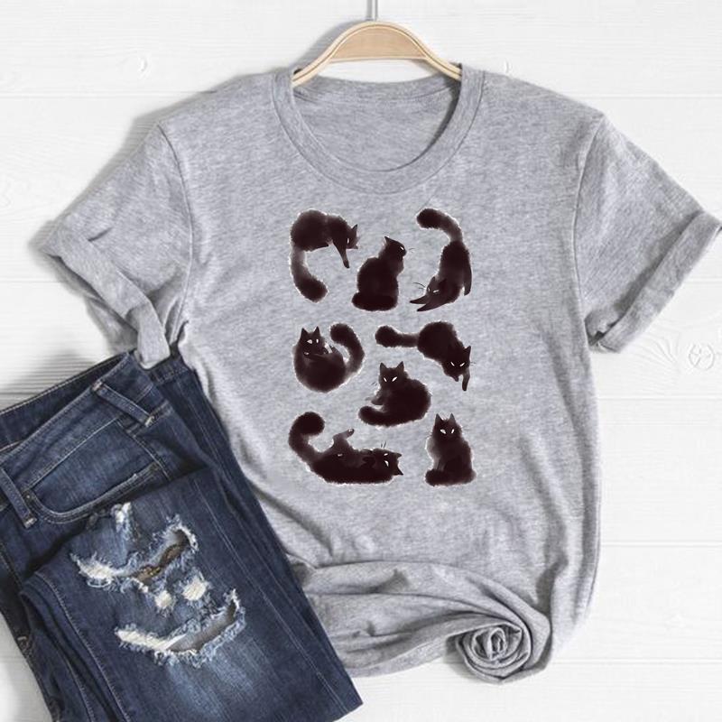 Футболка, модная футболка с котом, домашним животным, милый стиль, милая одежда 90-х годов, повседневная женская футболка с коротким рукавом и принтом, женская женская футболка с графикой