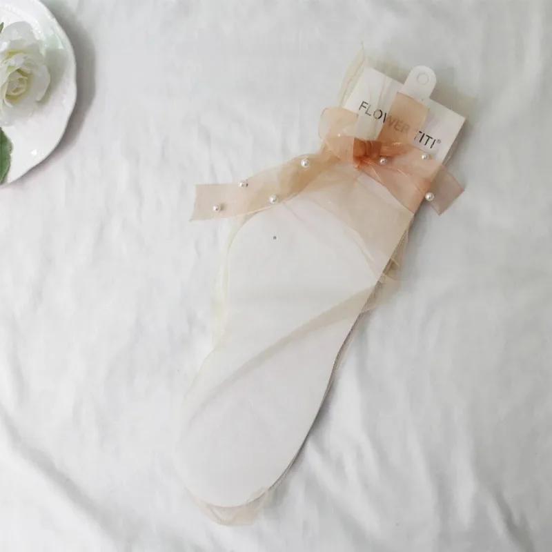 Summer Ultra-Thin Tulle Socks Women Transparent Pearls Long Socks Female Chiffon Lace Up Funny Socks Streetwear