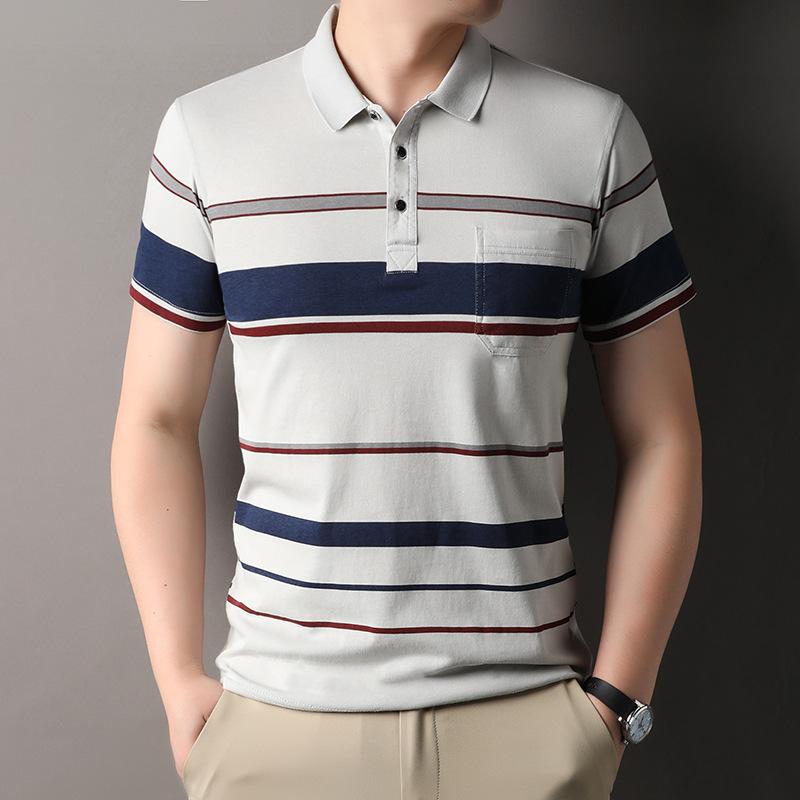 Мужская футболка-поло в полоску с отложным воротником, с короткими рукавами, повседневный свободный топ