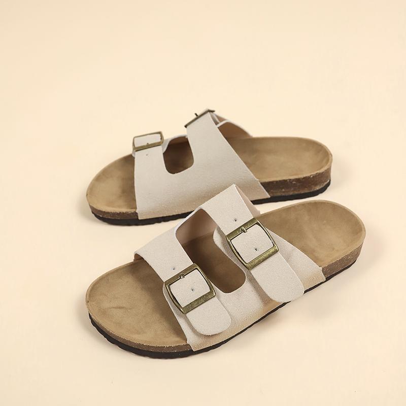 Fashion 2024 New Summer Women's Cork Slippers Casual Beach Double Buckle Non-slip Outside Nubuck Leather Slip On Slides Shoe for Women