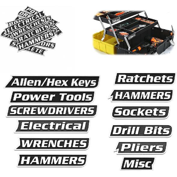 12 PCS Magnetic Tool Box Labels, Silver Magnetic Toolbox Labels for Organization, Strong Reble Labels for Tool Chests, Garage, Workshop, Drawers and
