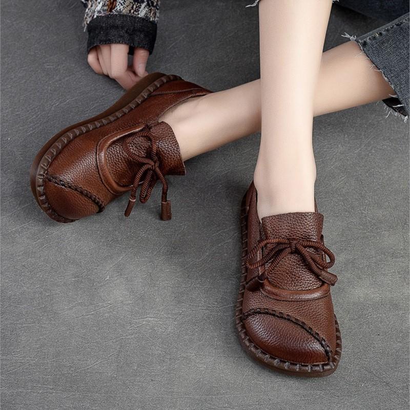 Women Flats Shoes Spring Round Toe Lace-up Genuine Leather Casual Loafers Handmade Comfortable Shoes