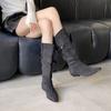 2025 Autumn and Winter New European and American Pointed Head Thick Heel Short Heel Temperament French Fashion Sexy Suede Belt Buckle Boots
