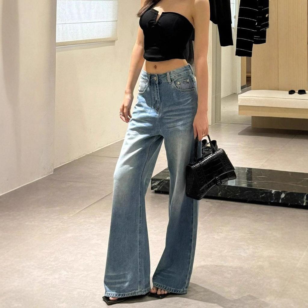 Pear Shaped Figure Milled White Large Size High Waist Wide Leg Jeans Women Washed Loose Do Old Trailing Floor Straight Trousers Long Denim Pants