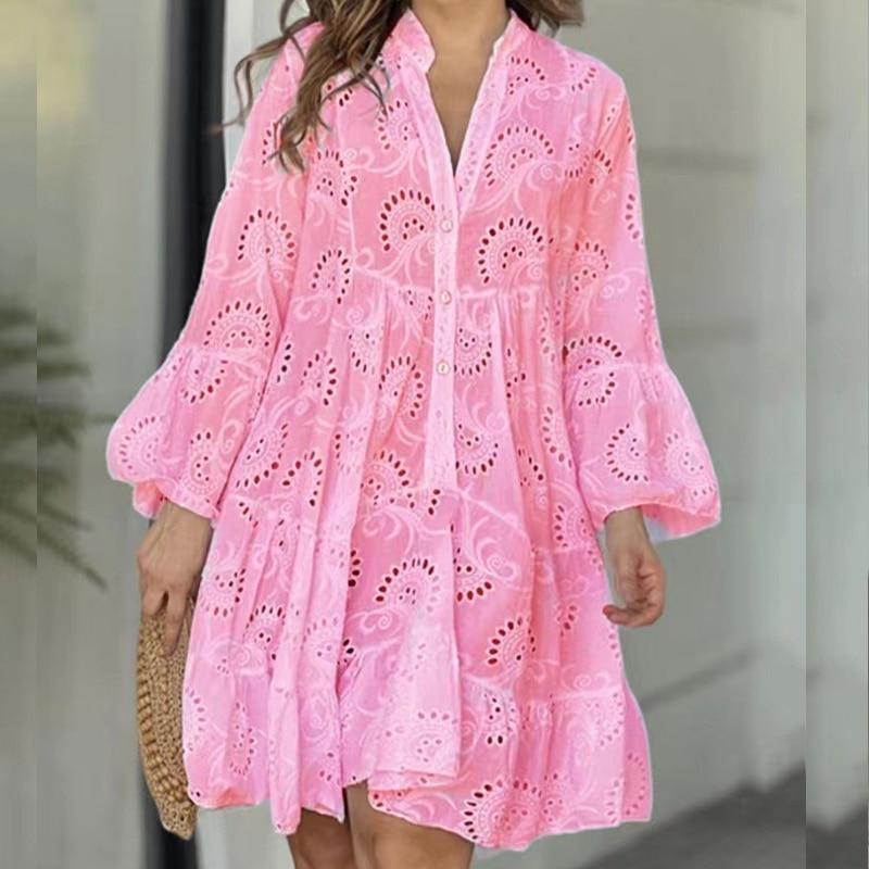 Summer Casual Solid Lace Dress Women Elegant V-neck Loose Hollow Embroidery Dress Women Vintage Beach Sexy Mini Dresses 27725
