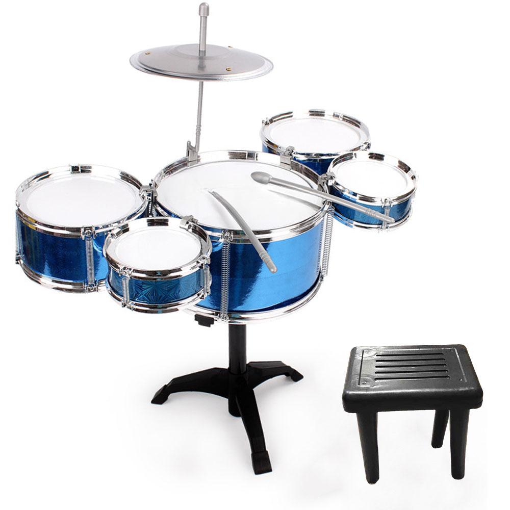 Toy Drum Set 5 Drums 1 Cymbal with Stool Blue