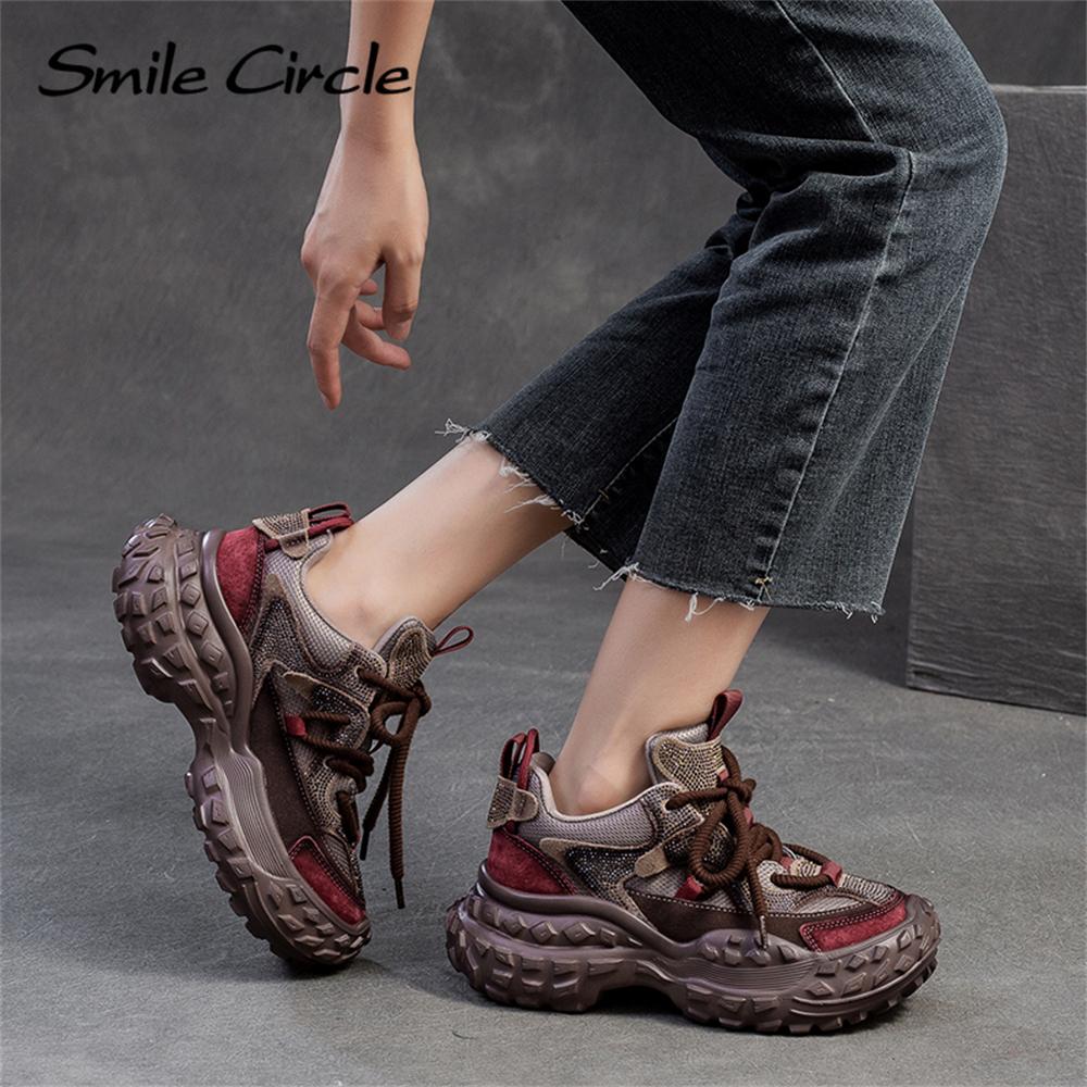 Женские кроссовки из натуральной кожи с круглым носком и толстой подошвой, удобная модная повседневная обувь