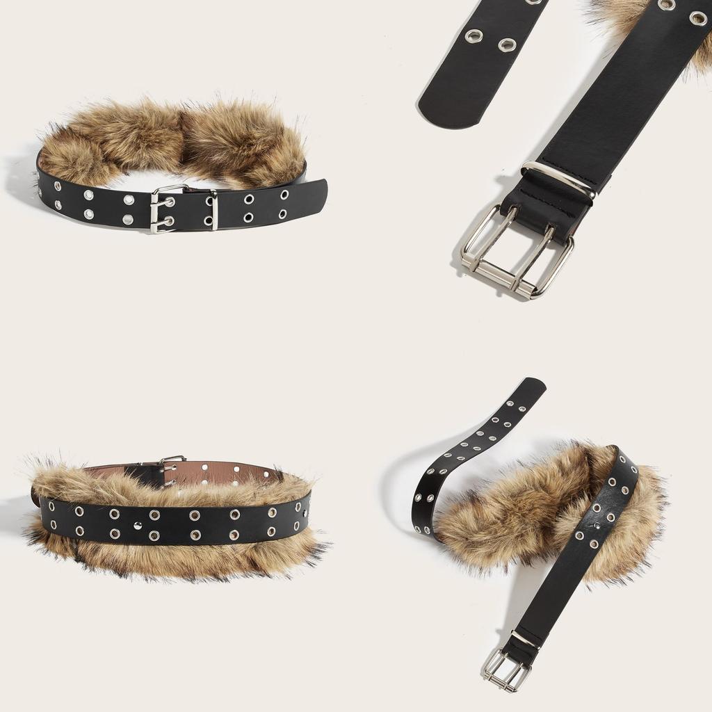 Модный однотонный женский ремень с отделкой из искусственного меха и двубортной двойной пряжкой