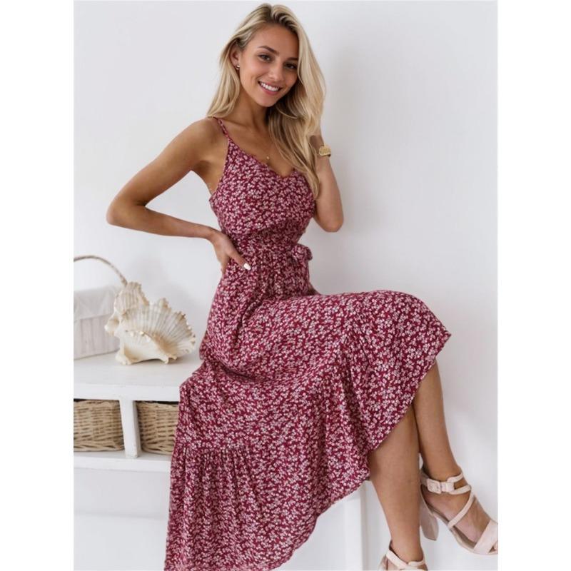 Сексуальное платье с бретелью через шею с маленьким цветком и длинной талией для женщин