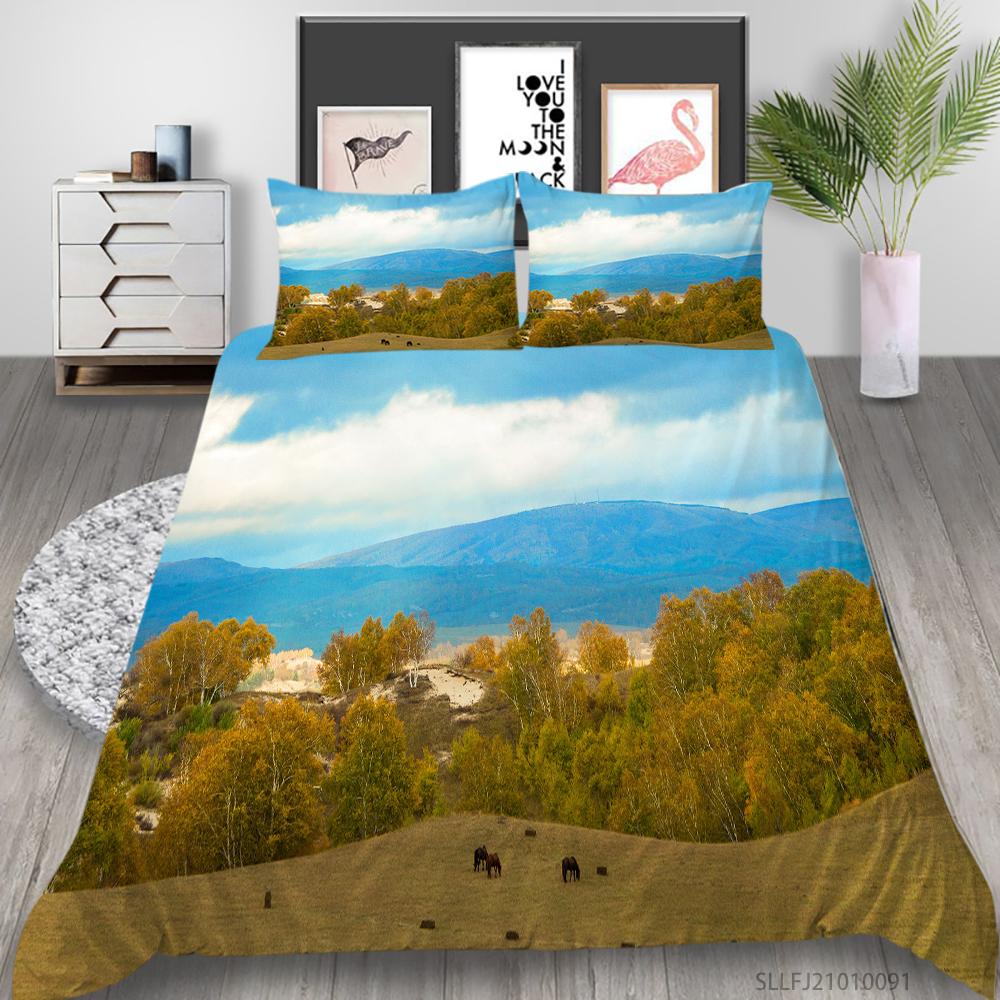 3D Forest Pattern Deluxe Home Bedding Set Full Size Quilt Cover and Pillowcase Landscape Print Washable and Comfortable Bedroom Bedding