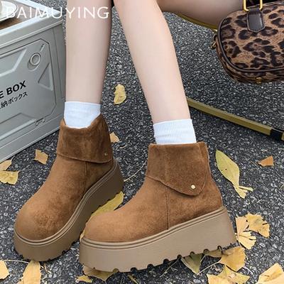 Женские зимние ботильоны на платформе, замшевые короткие плюшевые хлопковые туфли на плоской подошве, тренд 2025 года, теплые, повседневные, удобные, нескользящие, зимние ботинки для женщин