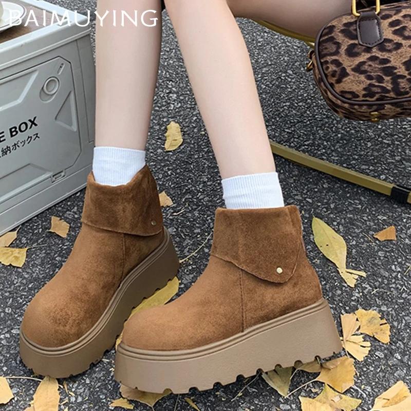 Женские зимние ботильоны на платформе, замшевые короткие плюшевые хлопковые туфли на плоской подошве, тренд 2025 года, теплые, повседневные, удобные, нескользящие, зимние ботинки для женщин