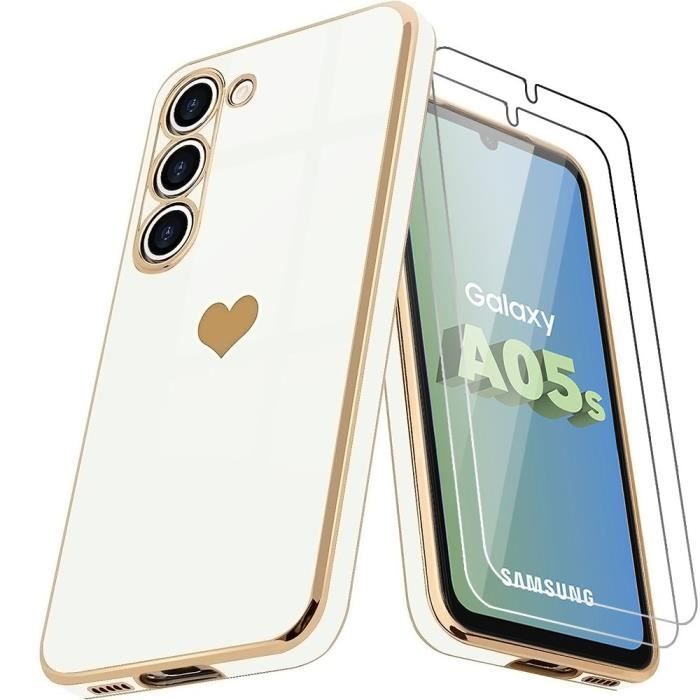 Case for Samsung Galaxy A05s - White - Shockproof - Heart Pattern - 2 Tempered Glasses