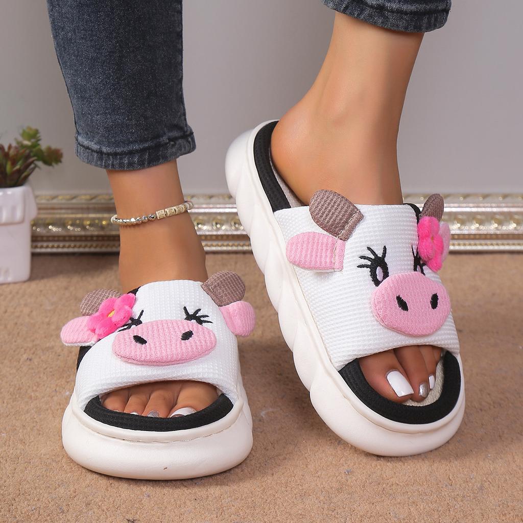 Уютные тапочки на платформе для женщин, милые домашние туфли с героями мультфильмов, легкие туфли для девочек, модные популярные элегантные домашние тапочки на плоской подошве с открытым носком