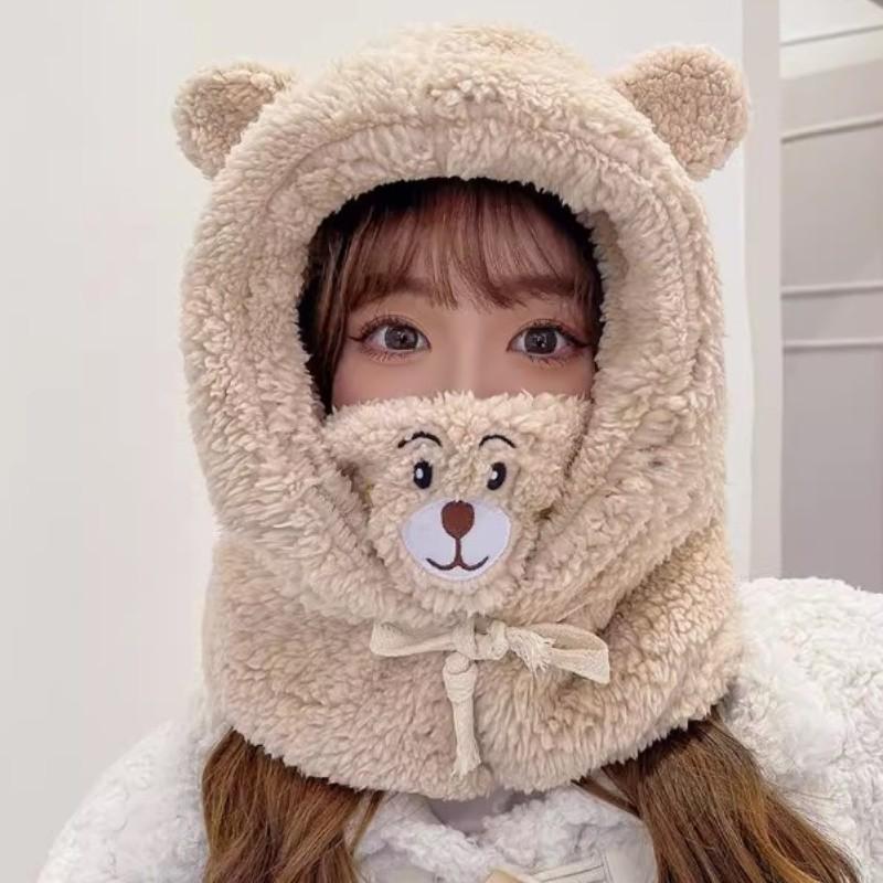 Bear Hat Mask Scarf Integrated Scarf Women's Winter Cold and Warm Cycling Windproof Cover Hat Mask Bear