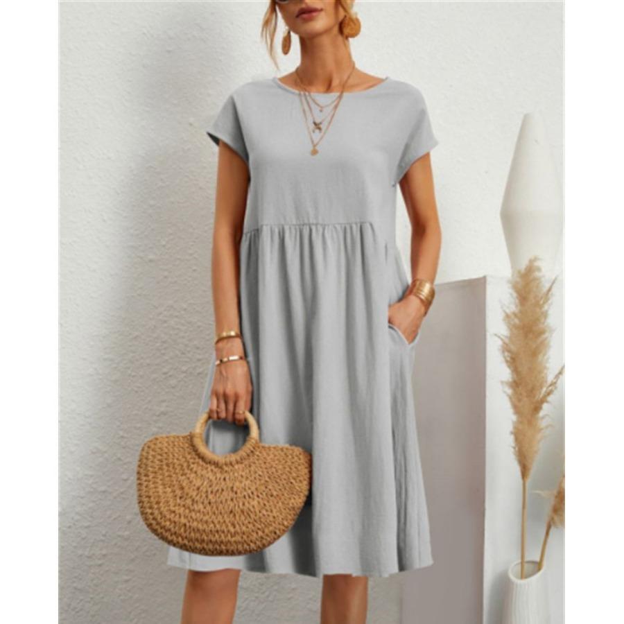 Модное женское свободное хлопковое льняное летнее платье с коротким рукавом и круглым вырезом