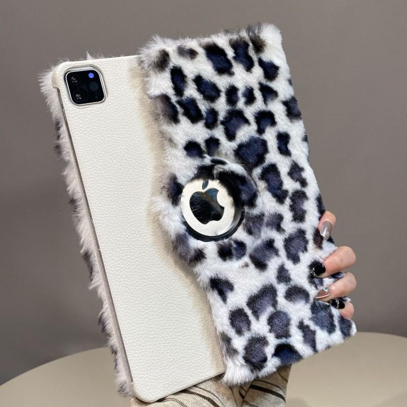 Rotating Stand Case IPad Pro 11 Inch With Fuzzy Leopard Print Full Coverage Soft Plush Cover Handmade Design