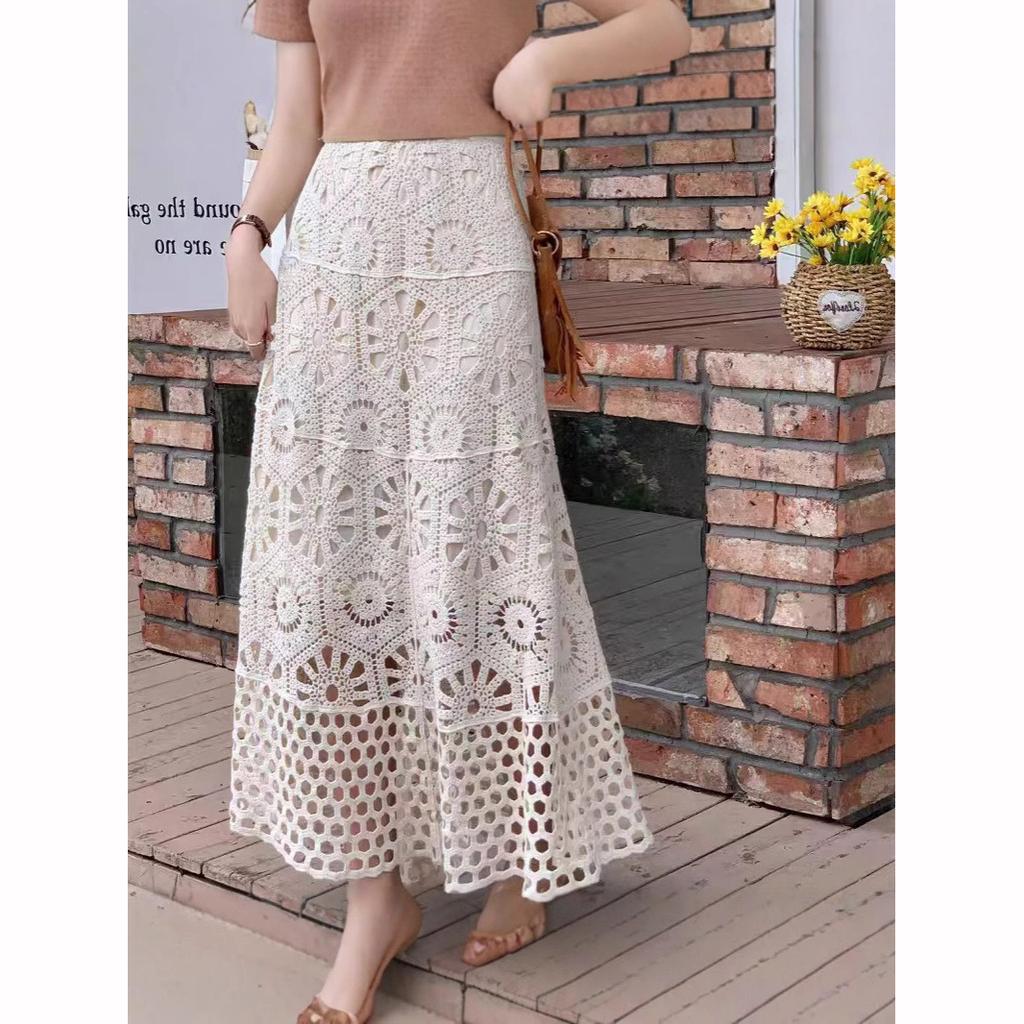 Summer Lace Flower Beach Skirts Women A Line Maxi Skirt Long Flowy Skirt Beach Outfits