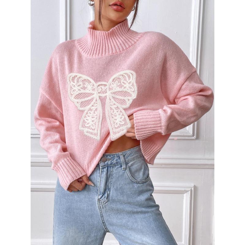 Women's Short High Neck Pullover Bow Embroidery Patchwork Sweater